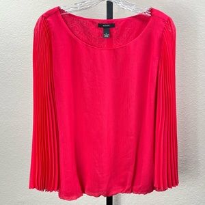 Pink Blouse Pleated Long Sleeves Boho Chic Top Bubble Hem Shirt Flowy Work Wear